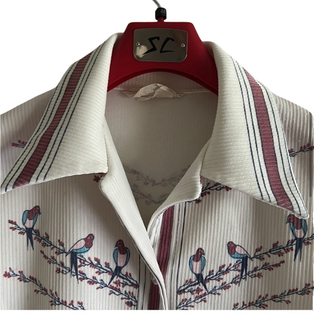 Vintage JCPenney Cream Floral Birds Big Collar Button Down Short Sleeve Blouse - Picture 7 of 12